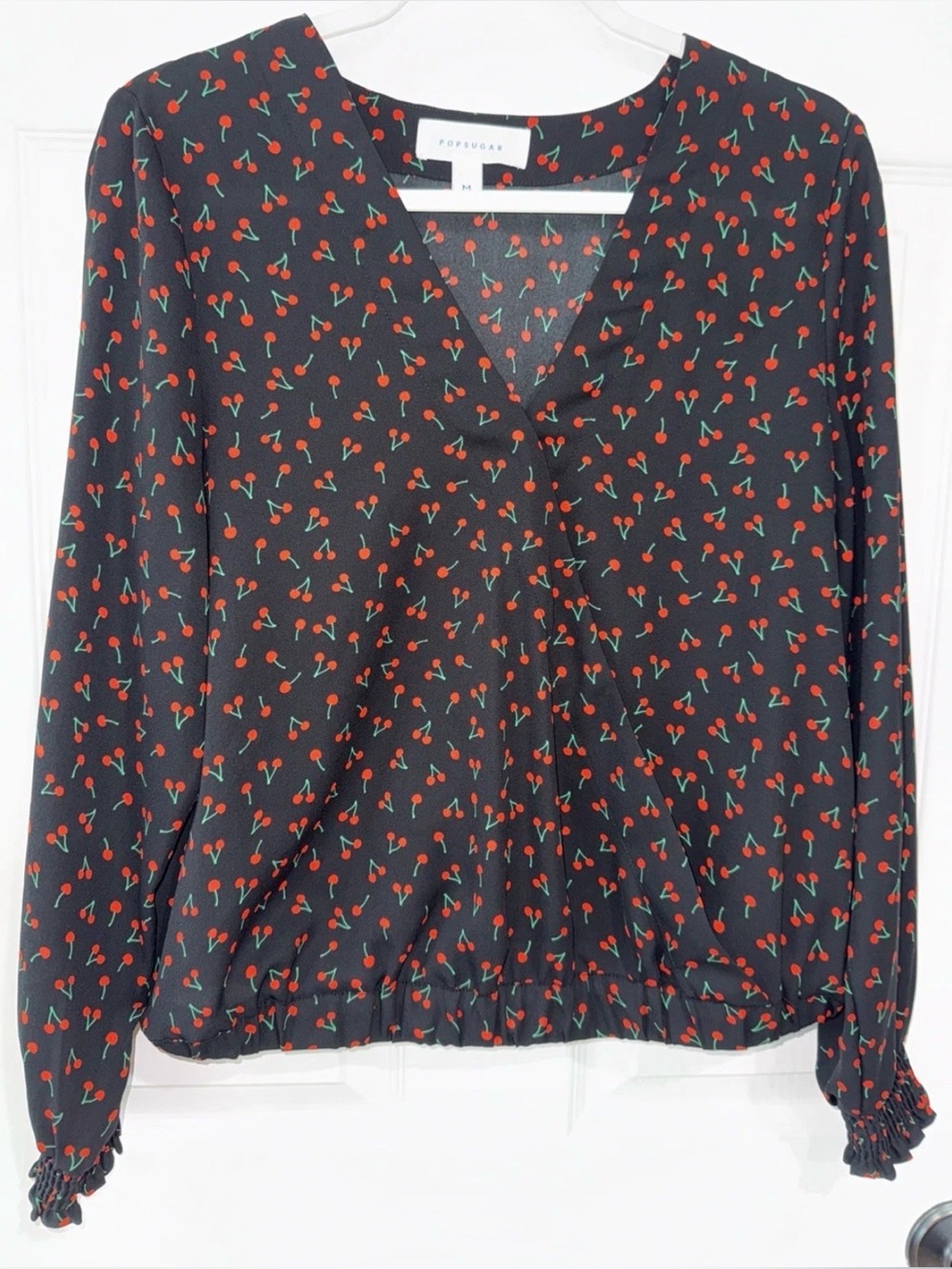 POPSUGAR Women's M V-Neck Peasant Boho Blouse Elastic Waist Black Cherry